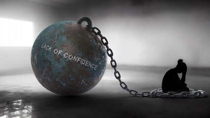 Lack of confidence - a metaphorical view of a woman struggle with lack of confidence. Trapped alone and chained to a burden of Lack of confidence. Constant and strenuous fight.,3d illustration - obrazy, fototapety, plakaty
