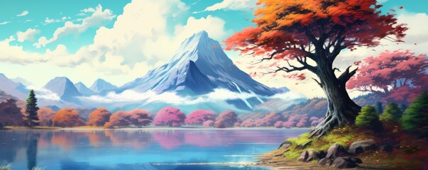 Vulcano mountain with a colorful tree in the foreground and mountain lake, Japan nature panorama.