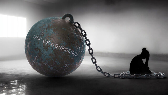 Lack of confidence - a metaphorical view of a woman struggle with lack of confidence. Trapped alone and chained to a burden of Lack of confidence. Constant and strenuous fight.,3d illustration