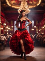 Hot and beautiful young girl Cancan dancer on the stage, wild west, western, old saloon