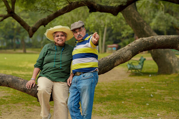 happy Indian senior couple together spending time at park.