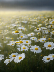 Chamomile flower field. Camomile in nature. Field of daisies on a rainy day in nature. daisy floral in a rainy season. chamomile daisies glistened in the rain. Generative Ai. Stock Photo 
