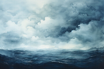 Obraz premium Blue Watercolor Seascape Texture. Ocean Waves Painting, Artistic Marine Background, Sky, Clouds, Tranquil Nature, Horizon. Generative AI