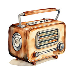 Wooden Retro Radio, PNG Clipart Image, Vintage Painted Watercolor Art, Generative AI
