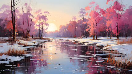 Romantic Landscape Painting of Winter River with Colorful Foliage in Light Magenta and Cyan Hues