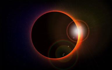 The moon covers the sun in a beautiful solar eclipse. Digital illustration.