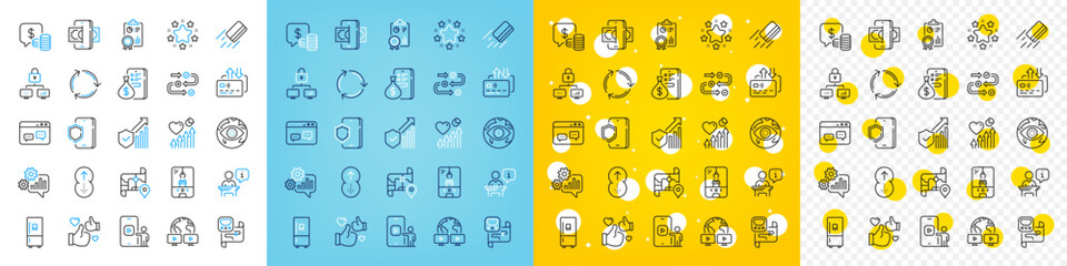 Vector icons set of Inspect, Stars and Lock line icons pack for web with Recycling, Video conference, Cogwheel outline icon. Cyber attack, Coins, Like pictogram. Swipe up, Map, Credit card. Vector