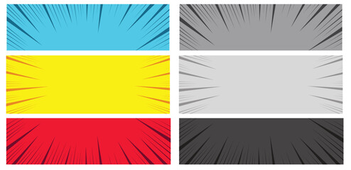 Comic bright horizontal banners with radial halftone and rays humor effects in blue red yellow colors. Vector illustration