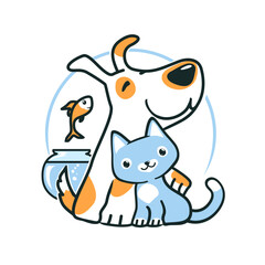 Cartoon dog and cat, fish jumping out of aquarium, little pets hugging, vet or pet shop logo design, vector illustration - 629464340