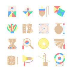 Korean Traditional Play Musical Instruments Flat Icons Set