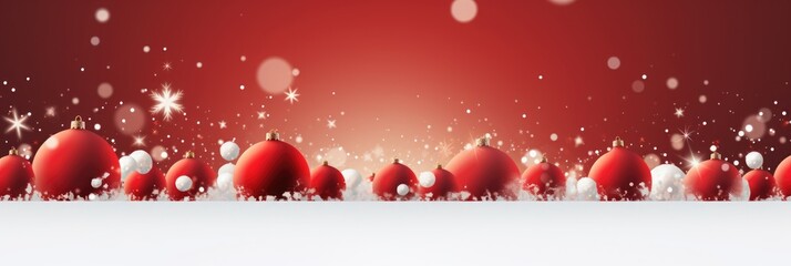 red background with red and white christmas tree ball decoration on snow, simple and clean illustration for modern design