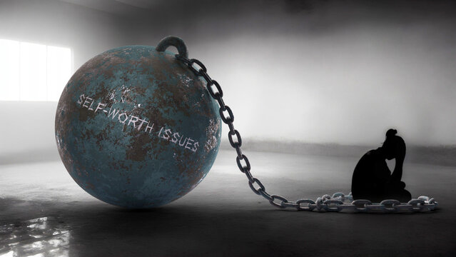 Self worth issues - a metaphorical view of a woman struggle with self worth issues. Trapped alone and chained to a burden of Self worth issues. Constant and strenuous fight.,3d illustration