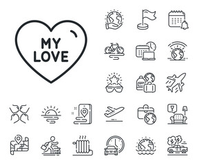 Sweet heart sign. Plane jet, travel map and baggage claim outline icons. My love line icon. Valentine day symbol. My love line sign. Car rental, taxi transport icon. Place location. Vector