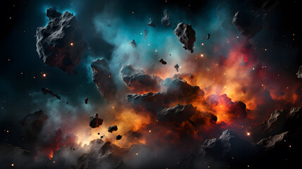 Obraz na płótnie Canvas Starry Sky Nebulae with Colorful Turbulence in Dark Gray and Aquamarine, Surreal 3D Landscape