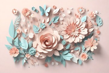 3d render, abstract cut paper flowers isolated on white, botanical background, festive floral arrangement. Rose, daisy, dahlia, butterfly and leaves in pastel color palette. Simple modern wall decor 