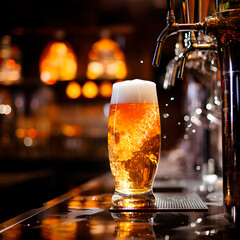 Fototapeta na wymiar Foamy fresh draught golden beer fills a glass in a classic pub interior, bar counter, dark background