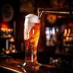 Fototapeta na wymiar Foamy fresh draught golden beer fills a glass in a classic pub interior, bar counter, dark background