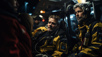 Fototapeta premium Firefighters in the fire department. Firemen in the ambulance. An accident at a dangerous job.