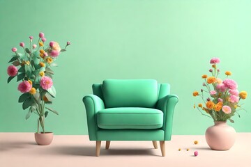 green armchair with colorful flowers on pastel green background. Advertisement idea. Creative composition. 3d render, social media, and sale concept