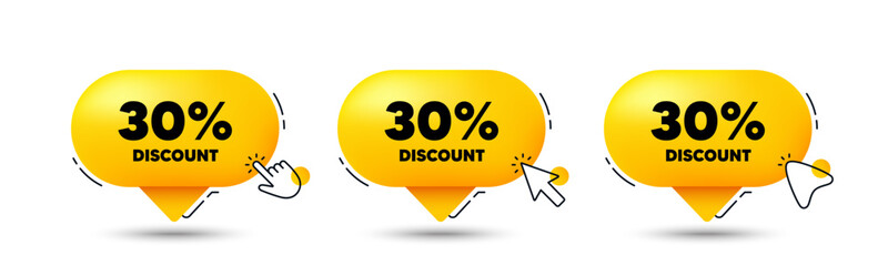 30 percent discount tag. Click here buttons. Sale offer price sign. Special offer symbol. Discount speech bubble chat message. Talk box infographics. Vector
