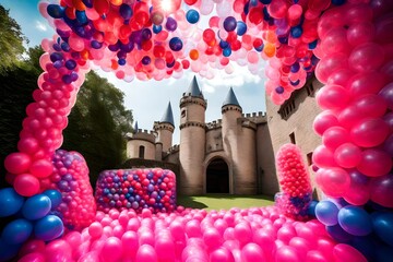 Fiesta de cumpleaños con globos aesthetic, evento infantil, Fiesta en un castillo hinchable, guardería