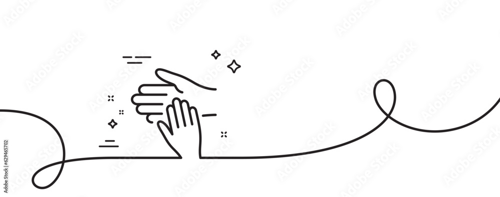 Poster volunteer care line icon. continuous one line with curl. helping hand sign. hospice symbol. voluntee