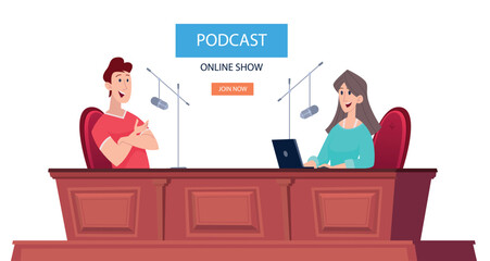 Radio presenters. Podcast show speakers talking together and sitting in record music studio