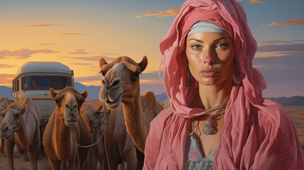 woman in the desert camels