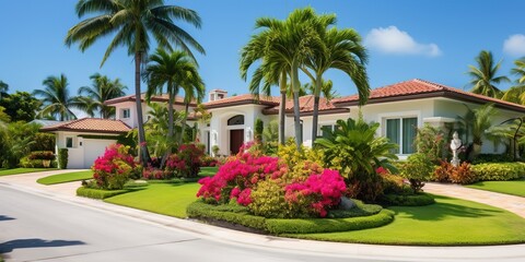 Facade of a beautiful house with a front garden of palm trees, short grass and tropical plants.
