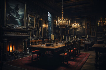 Fototapeta na wymiar Grandeur of the Past: Elegantly Lit Dining Room with Majestic Paintings in a Castle