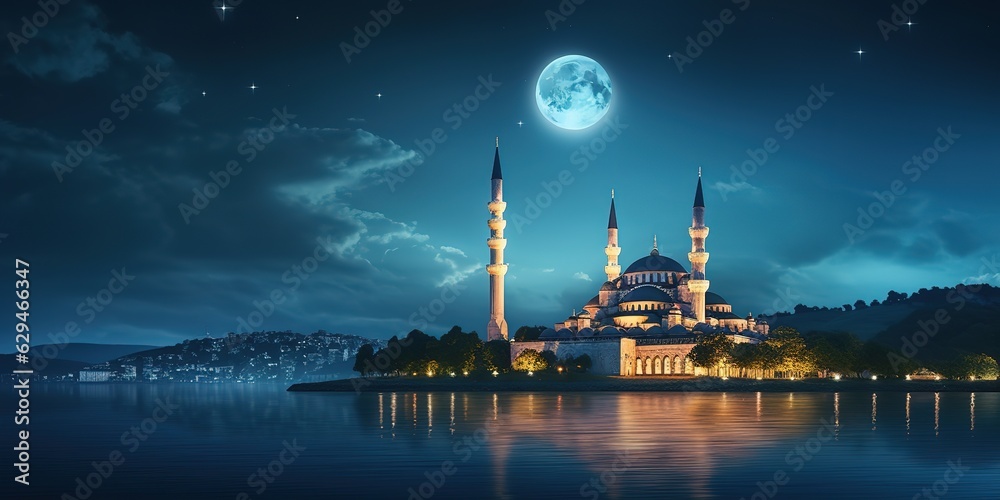 Wall mural Suleymaniye Mosque with a crescent above it. Night sky.