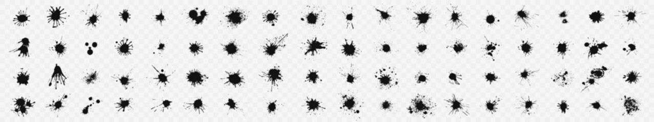 Big set of illustrations of black ink splashes. Mega Collection of stains, drops, blots, splashes of ink. Paint splash, grunge liquid drop splashes, abstract artistic ink splatter.