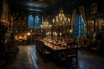 Fototapeta na wymiar Elegant Dining: A Magnificent Castle's Dining Room adorned with Famous Paintings and Vintage Decor