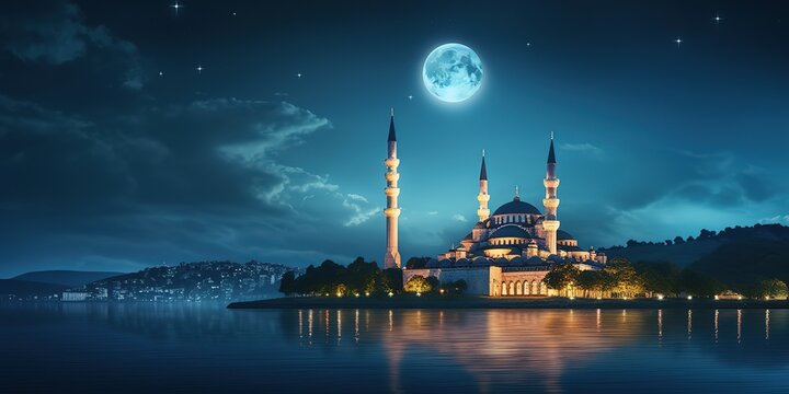 Suleymaniye Mosque with a crescent above it. Night sky.