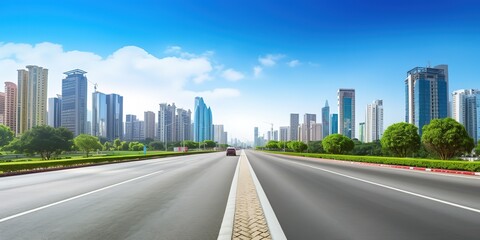 Asphalt road and modern cityscape with buildings.