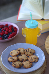 Straw hat, orange soda in the cactus shaped cup, bowl of fresh blueberreis and raspberries, plate of chocolate chip cookies, stack of books and sunglasses in the garden. Selective focus.