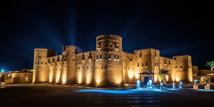 Salwa Palace in At-Turaif, UNESCO World Heritage Site illuminated at night, Diriyah, Saudi Arabia