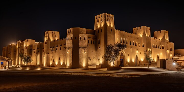 Salwa Palace in At-Turaif, UNESCO World Heritage Site illuminated at night, Diriyah, Saudi Arabia