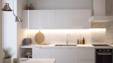 Fototapeta na wymiar Interior design of a white kitchen in a minimalist style, light background. AI generated.