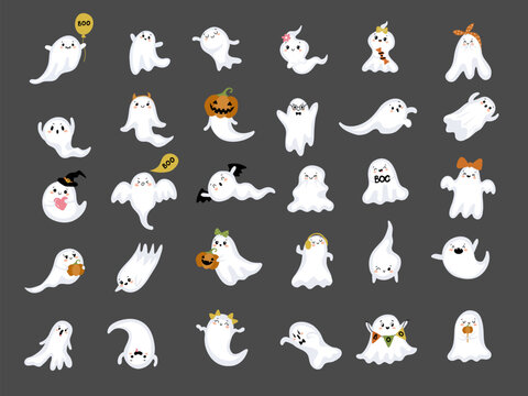 Little ghosts. Facial expressions of creepy happy ghosts recent vector pictures set
