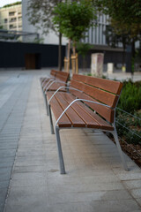 Recreation area, benches, tables on a green street in a modern city. Freedom from transport.