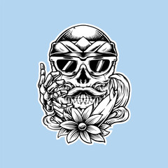 summer skull vibes vector illustration with surfboard, flowers and waves elements