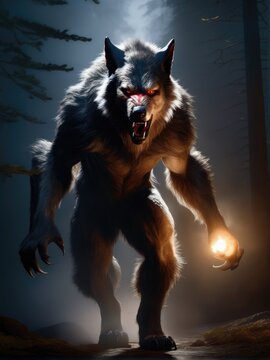  illustration of an ultra realistic werewolf in dramatic light fog