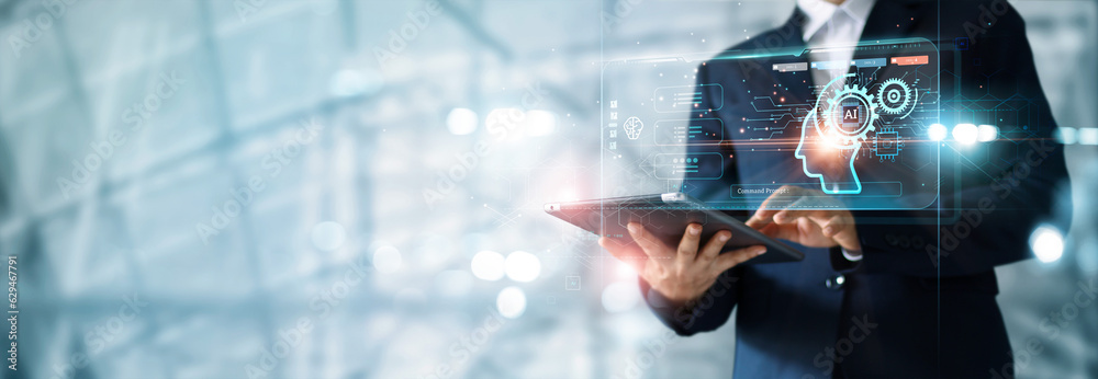 Poster Chatbot, Chat with AI, Artificial Intelligence, Businessman using technology smart robot for business by enter command prompt, AI, artificial intelligence, Innovation futuristic technology.
