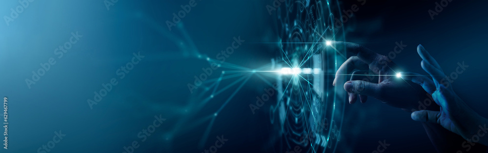 Fototapete Digital transformation conceptual for next generation technology era, AI, Machine learning. Hands touching the big data structure, Digital data network connections, Data transformation.