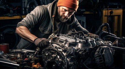 auto mechanic is fixing car in the garage, car engine in the garage, car in service