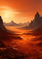 Naklejka premium Orange desert surrounded by large mountains, mountains wallpaper. Generative Ai.