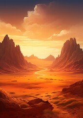 Naklejka premium Orange desert surrounded by large mountains, mountains wallpaper. Generative Ai.