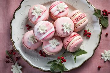 Pink macaroons on the plate close-up