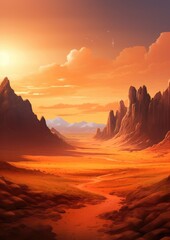 Orange desert surrounded by large mountains, mountains wallpaper. Generative Ai.